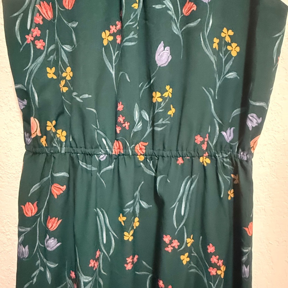 Ann Taylor Factory Green Floral Sleeveless Tie Neck Ruffle Hem Dress Large - Picture 9 of 14
